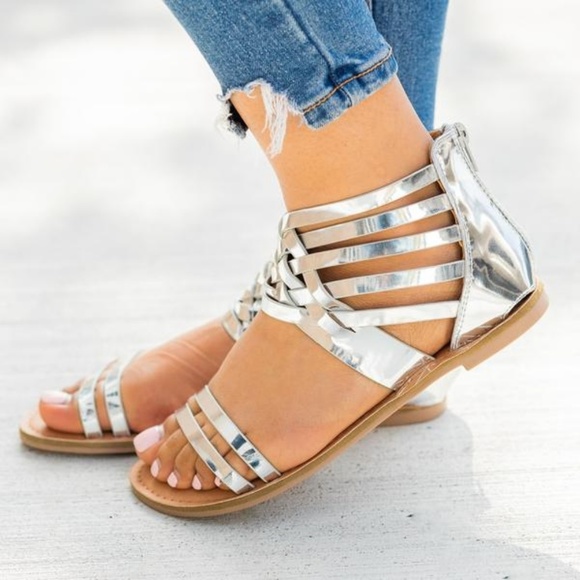 Silver Metallic Strappy Gladiator Sandals Metallic Sandals - Picture 3 of 8